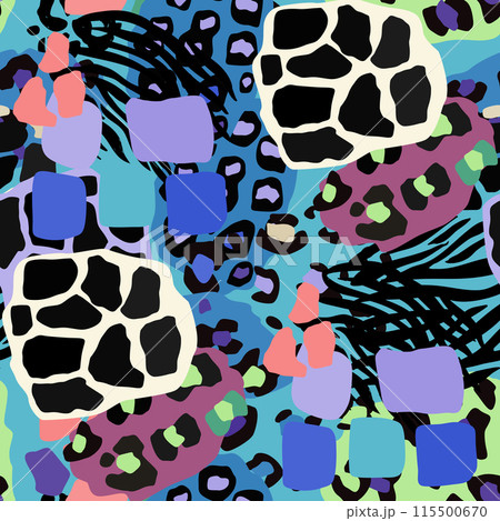 Textile art featuring colorful leopard print on a zebra background 115500670