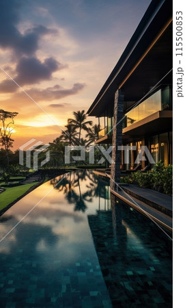 A spacious house with a pool in front, framed by palm  115500853