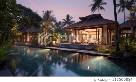 A spacious house with a pool in front, framed by palm A spacious house with a pool in front, framed by palm 115500854