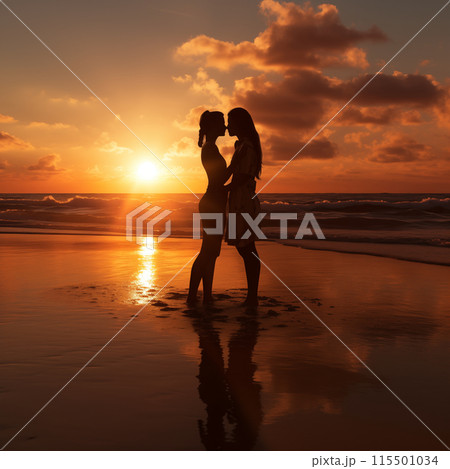 Lesbian couple stay on beach at sunset 115501034