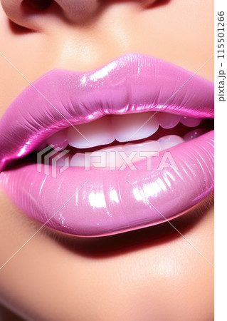 Beautiful girl with pink lips macro. Glossy Lipstick.  115501266