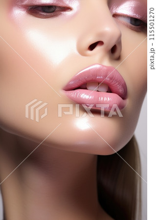 Beautiful girl with pink lips. Glossy Lipstick. Beauty  115501270