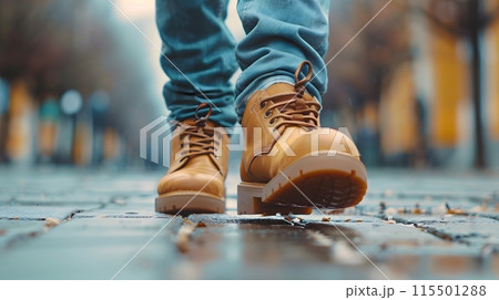 Close-up of a person wearing leather shoes and old jeans walking alone on the sidewalk. Suitable for the concept of unemployment, going on adventures, independence, Finding myself, seeking experience. 115501288