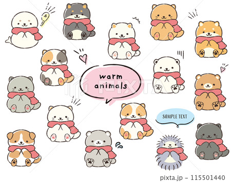 マフラーを巻いた手描きの動物セット(ふきだし・記号付き) マフラーを巻いた手描きの動物セット(ふきだし・記号付き) 115501440