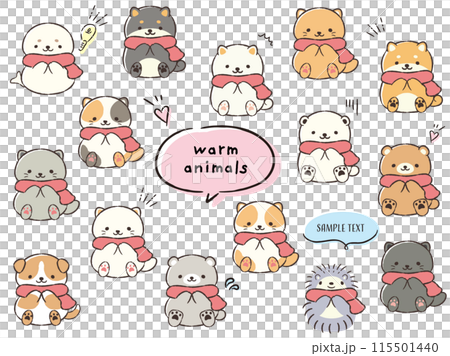マフラーを巻いた手描きの動物セット(ふきだし・記号付き) マフラーを巻いた手描きの動物セット(ふきだし・記号付き) 115501440