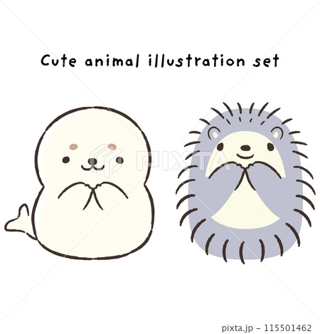 かわいい手描きのアザラシとハリネズミのイラストセット 115501462