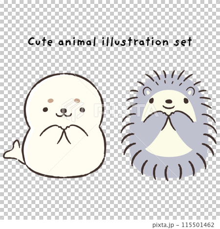 かわいい手描きのアザラシとハリネズミのイラストセット 115501462