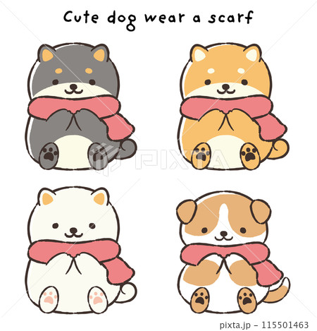 マフラーを巻いた手描きの犬のイラストセット（柴犬・ビーグル） 115501463