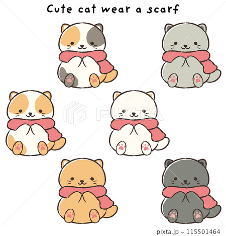 マフラーを巻いた手描きの猫のイラストセット 115501464