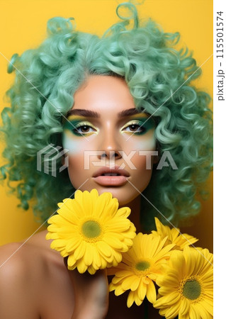 A girl holds a chrysanthemum in her hands on a yellow background. 115501574