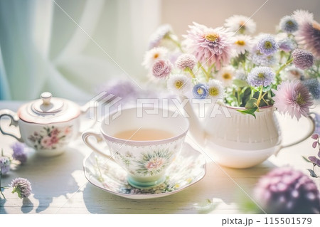 Cups of tea and beautiful flowers. Refined vintage dishes. 115501579