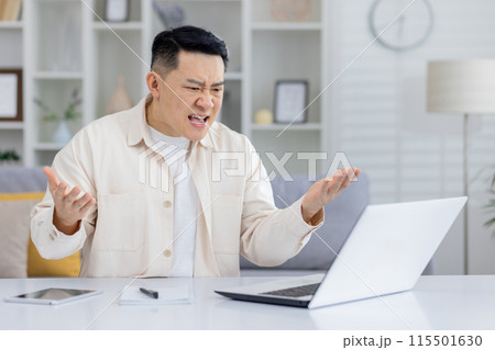Man showing frustration and anger while looking at laptop in home office setting. Concept of technology issues, work stress, and negative emotions. Man showing frustration and anger while looking at laptop in home office setting. Concept of technology issues, work stress, and negative emotions. 115501630