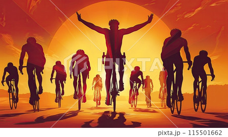 Cyclist in the center celebrating victory with arms raised, against an orange sky and opponents background. Illustration, banner. Tour de France Cyclist in the center celebrating victory with arms raised, against an orange sky and opponents background. Illustration, banner. Tour de France 115501662