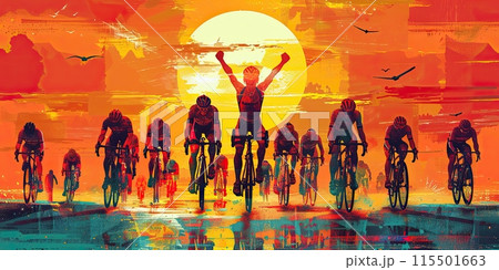 Silhouettes of cyclists racing against a vibrant sunset backdrop. Central figure appears to be the winner, riding with arms raised in victory. Tour de France Silhouettes of cyclists racing against a vibrant sunset backdrop. Central figure appears to be the winner, riding with arms raised in victory. Tour de France 115501663