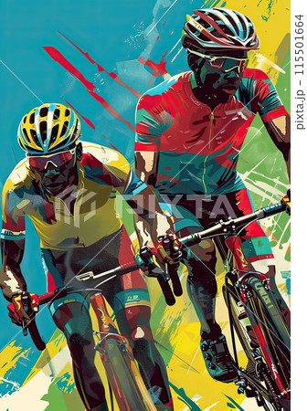 Dynamic depiction of a cycling race, with two athletes in bright attire against an abstract backdrop. Illustration poster. Tour de France Dynamic depiction of a cycling race, with two athletes in bright attire against an abstract backdrop. Illustration poster. Tour de France 115501664