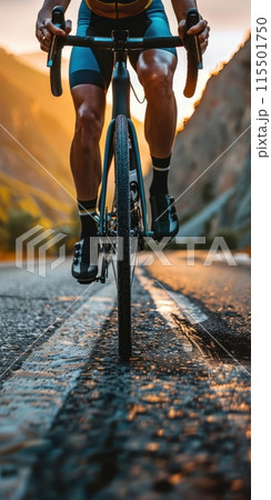 Athletic cyclist on a road bike with sunset and mountain landscape in the background. Cropped vertical image. Tour de France 115501750