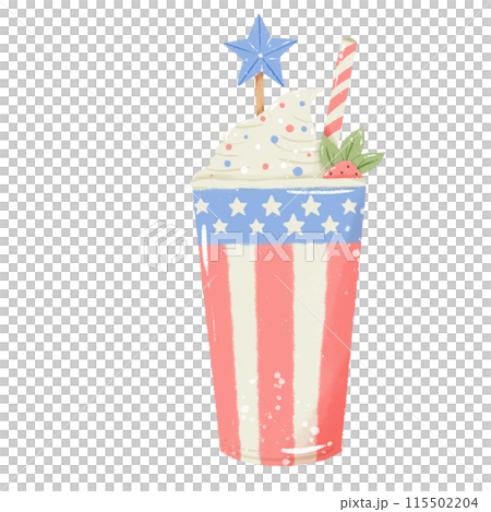 American flag milkshake Hand drawn Illustration Colored Pencil Crayon Style Independence Day 4th of July American Food isolated clip art elements for holiday decoration and celebration design  115502204