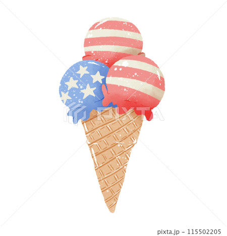 3 Ice Cream Scoops Hand drawn Illustration Colored Pencil Crayon Style Independence Day 4th of July American Food isolated clip art elements for holiday decoration and celebration design  115502205