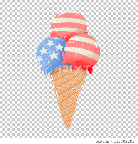 3 Ice Cream Scoops Hand drawn Illustration Colored Pencil Crayon Style Independence Day 4th of July American Food isolated clip art elements for holiday decoration and celebration design  115502205