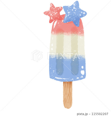 Star stripes Popsicle Hand drawn Illustration Colored Pencil Crayon Style Independence Day 4th of July American Food isolated clip art elements for holiday decoration and celebration design  115502207