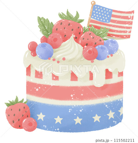 Berries Cake with American Flag Hand drawn Illustration Colored Pencil Crayon Style Independence Day 4th of July American Food isolated clip art elements for holiday decoration and celebration design  115502211