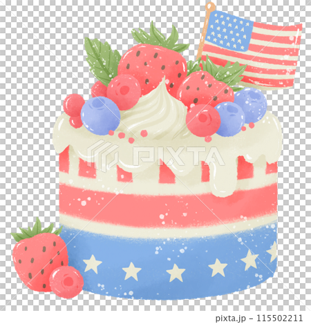 Berries Cake with American Flag Hand drawn Illustration Colored Pencil Crayon Style Independence Day 4th of July American Food isolated clip art elements for holiday decoration and celebration design  115502211