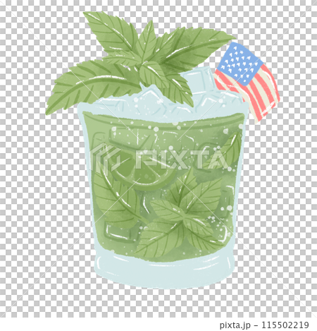 Mint Julep Hand drawn Illustration Colored Pencil Crayon Style Independence Day 4th of July American Food isolated clip art elements for holiday decoration and celebration design  115502219