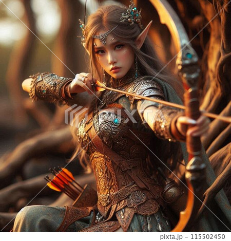 ファンタジー世界で、弓を射るエルフのイラスト素材 [115502450] - PIXTA