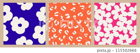Set of flower seamless background. Minimalistic abstract floral pattern. Modern print in black and white background. Ideal for textile design, wallpaper, covers, cards, invitations and posters. Set of flower seamless background. Minimalistic abstract floral pattern. Modern print in black and white background. Ideal for textile design, wallpaper, covers, cards, invitations and posters. 115502668