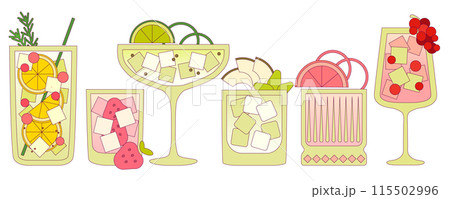 Cocktails set for the bar. Vector flat illustration with contour. Fruit and drinks Cocktails set for the bar. Vector flat illustration with contour. Fruit and drinks 115502996