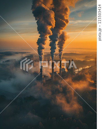 Air pollution image with smoke coming from an industrial chimney in the background. Powerful depiction of global environmental destruction. It shows the impact on human health and the world's climate. Air pollution image with smoke coming from an industrial chimney in the background. Powerful depiction of global environmental destruction. It shows the impact on human health and the world's climate. 115503414