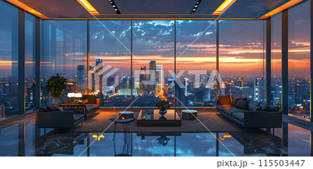 High-end luxury club where visionary senior executives meet to define leadership in ever-changing business. The view outside is very beautiful. Suitable for use as inspiration for designers or users. 115503447