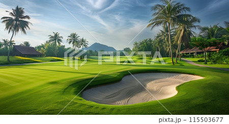 View of a golf course in Thailand with lush green grass, beautiful scenery with sand pits bunker beside the greens and golf holes. blue sky sunny day. View of a golf course in Thailand with lush green grass, beautiful scenery with sand pits bunker beside the greens and golf holes. blue sky sunny day. 115503677