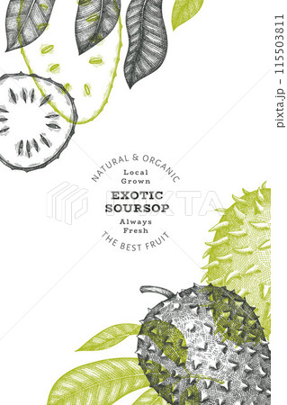 Hand drawn sketch style soursop fruit banner. Organic fresh fruit vector illustration. Retro guanabana design template 115503811