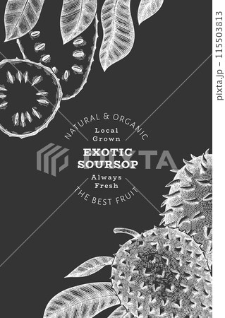 Hand drawn sketch style soursop fruit banner. Organic fresh fruit vector illustration on chalk board. Retro guanabana design template 115503813