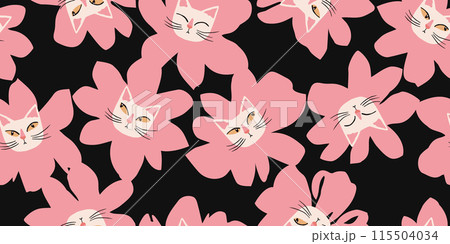 Seamless patterns with floral and kittens for fabric, textiles, wall art, poster, cover, banner, interior decor, Cat heads with flowers backgrounds. 115504034