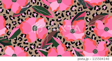 Exotic hand drawn flowers print, seamless patterns with floral and leopard for fabric, textiles, clothing, poster, cover, banner, wall art, home decor, abstract backgrounds. Exotic hand drawn flowers print, seamless patterns with floral and leopard for fabric, textiles, clothing, poster, cover, banner, wall art, home decor, abstract backgrounds. 115504140