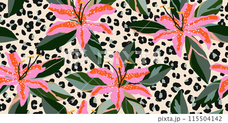 Exotic hand drawn flowers print, seamless patterns with floral and leopard for fabric, textiles, clothing, poster, cover, banner, wall art, home decor, abstract backgrounds. 115504142