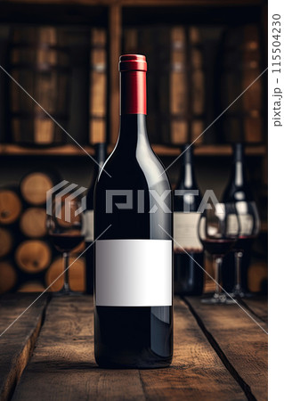 Wine bottle mockup with blank label on rustic wooden surface in wine cellar. Add text or logo. Copy space. Ai Generative 115504230