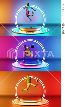 Collage made of three athletes, men training football and basketball on podium with led circle against colorful gradient background in neon. 3D render Collage made of three athletes, men training football and basketball on podium with led circle against colorful gradient background in neon. 3D render 115504397