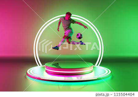 Dynamic image of focused young man, soccer player in motion with ball, playing on podium with led circle against colorful gradient background in neon. 3D render Dynamic image of focused young man, soccer player in motion with ball, playing on podium with led circle against colorful gradient background in neon. 3D render 115504404