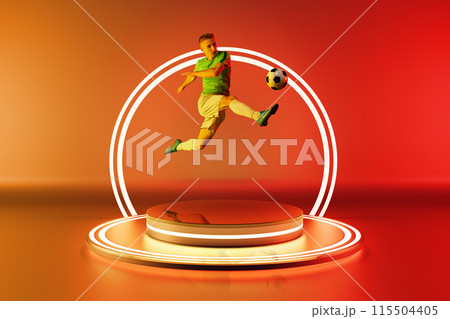 Concentrated soccer player, young man in motion with ball podium with led circle against colorful gradient background in neon 115504405