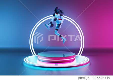 Slam dunk. Dynamic image of African women, basketball player in motion with ball on podium with led circle against colorful gradient background in neon. 3D render 115504419