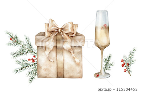 Watercolor set of Christmas tree branches and red berries of ilex . Hand painted glasses of white wine or champagne and New Years beige gift boxes with golden bows illustration on isolated background. 115504455