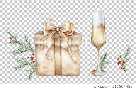 Watercolor set of Christmas tree branches and red berries of ilex . Hand painted glasses of white wine or champagne and New Years beige gift boxes with golden bows illustration on isolated background. 115504455
