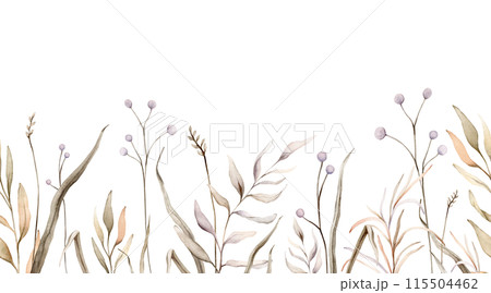 Seamless border with watercolor fantasy botanical illustration branches and flowers. Lilac circle floral illustration. Fall vibes. Hand drawing isolated on background. Banner with herds pastel color. Seamless border with watercolor fantasy botanical illustration branches and flowers. Lilac circle floral illustration. Fall vibes. Hand drawing isolated on background. Banner with herds pastel color. 115504462