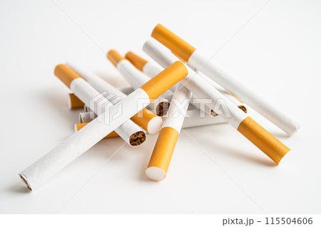 Cigarette, tobacco in roll paper with filter tube, No smoking concept. Cigarette, tobacco in roll paper with filter tube, No smoking concept. 115504606