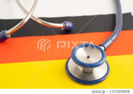 Stethoscope on Germany flag background, Business and finance concept. Stethoscope on Germany flag background, Business and finance concept. 115504608