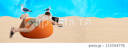 Contemporary art collage. Man sprawls on orange bean bag in sand, working on his laptop with drink nearby, while two seagulls perch playfully 115504776