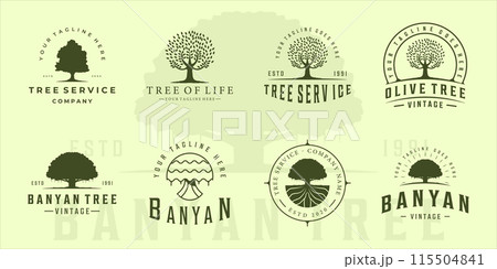set of olive or banyan tree logo vintage vector illustration template icon graphic design. bundle collection retro green eco and plant environment nature sign or symbol for company with typography set of olive or banyan tree logo vintage vector illustration template icon graphic design. bundle collection retro green eco and plant environment nature sign or symbol for company with typography 115504841